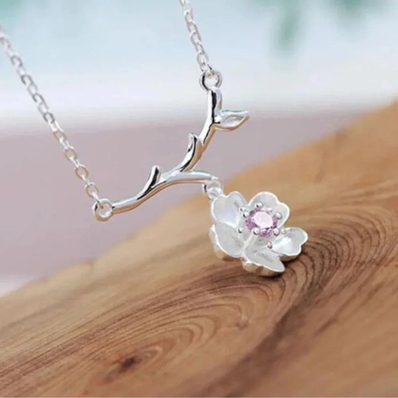 925 Sterling Silver Cherry Blossom Branch Necklace - Picture 3 of 4